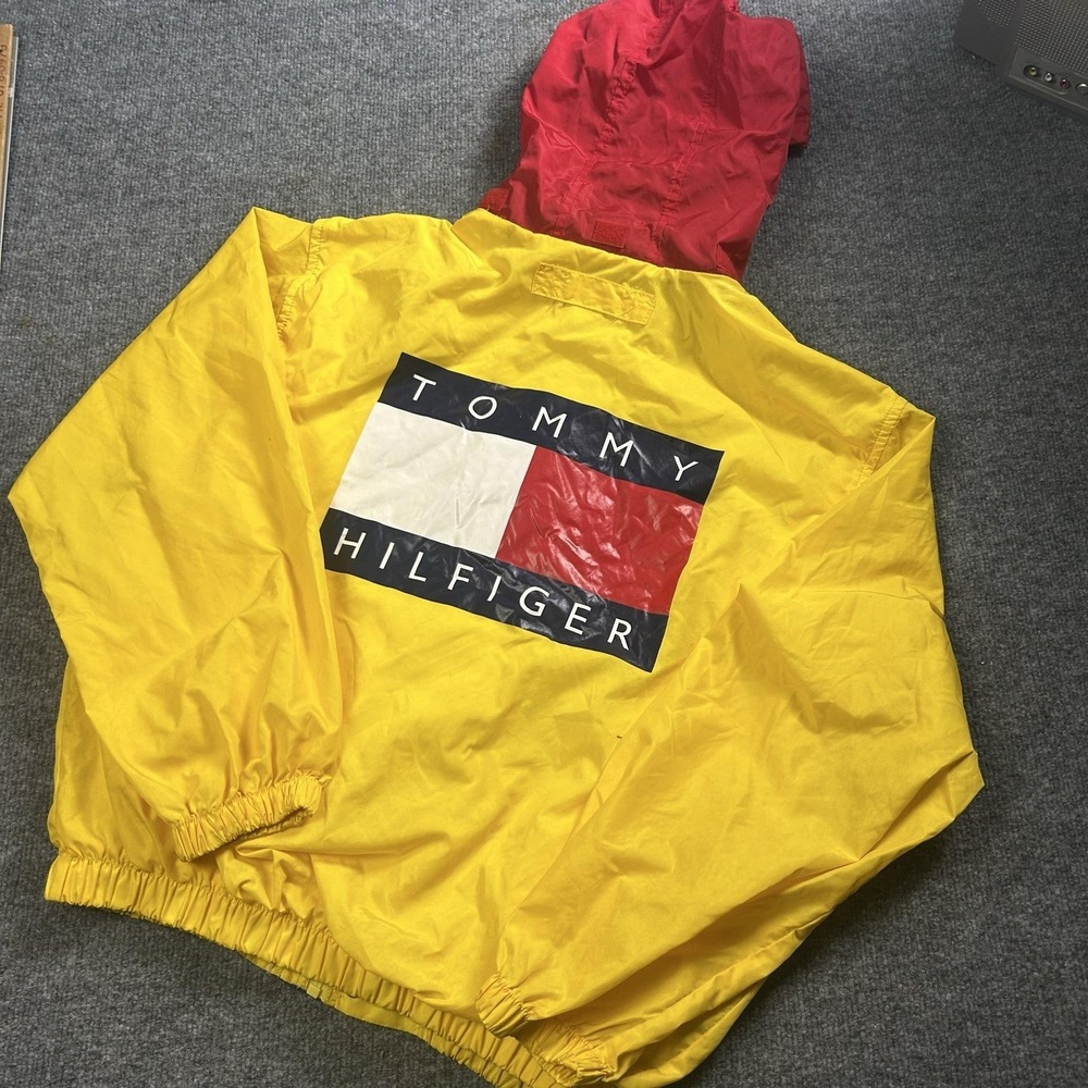 Vintage Tommy Hilfiger Jacket Mens XL Yellow Hooded Flag Sail Windbreaker 90s